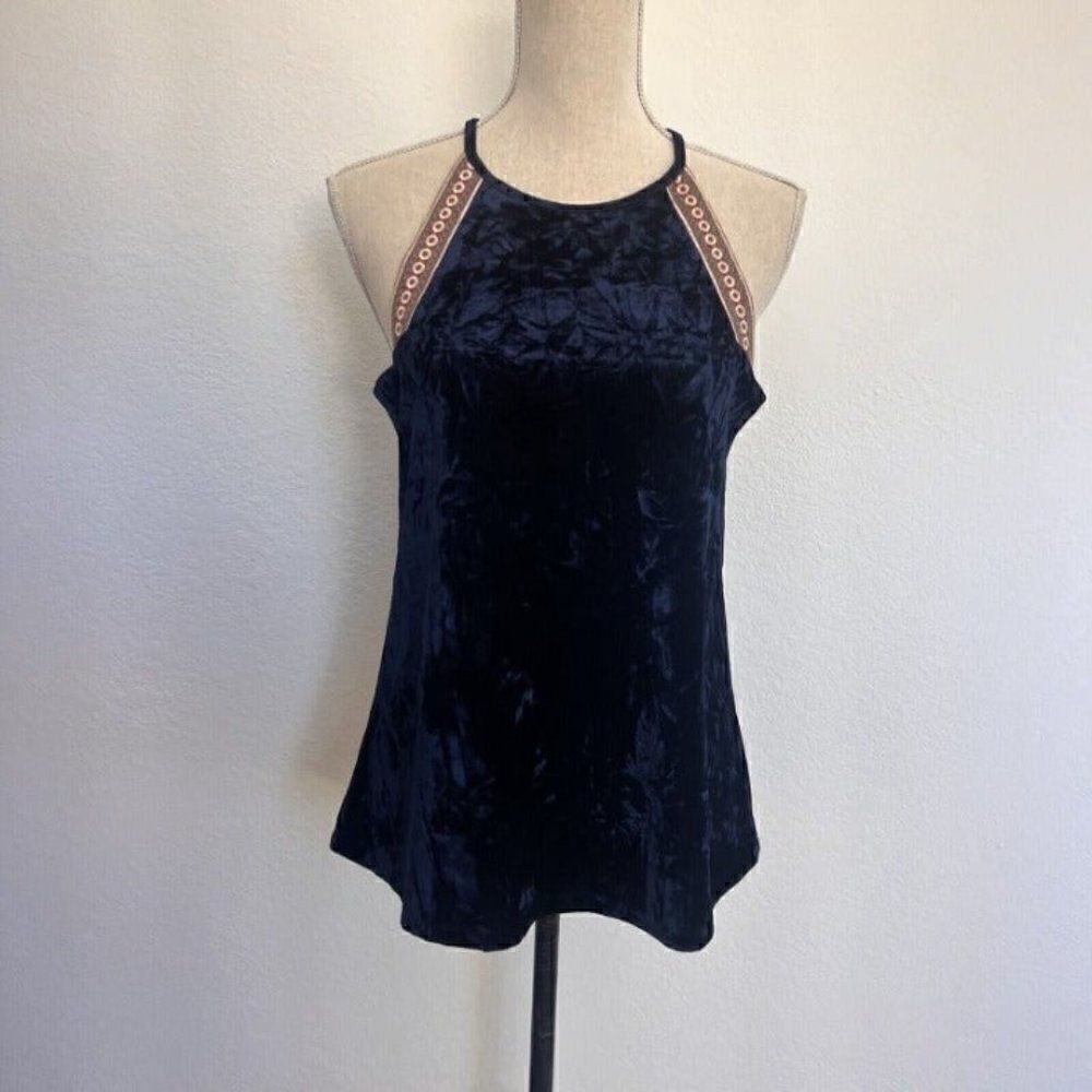 THML Anthropologie Womens Sleeveless Blue Crushed Velvet Embroidered Trim Top SM